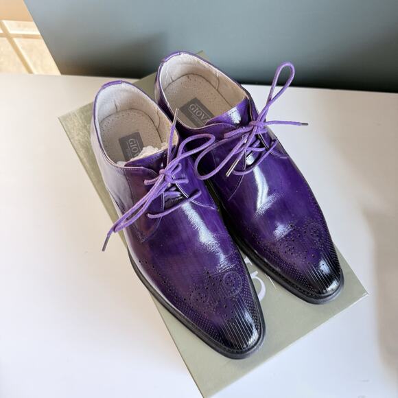 Mens‎ 8.5 Authentic Leather Lace Up Oxford Dress Shoes Purple Giovanni Owen - Picture 8 of 13